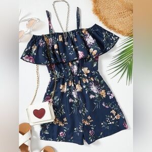 Shein Navy Blue Floral Girls‎ Cold Shoulder Vacay Romper Shorts 10Y (A2)